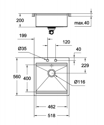 Мойка кухонная из нержавеющей стали Grohe K800 (31583SD0) 52х56 см, монтаж вровень со столешницей, клапан-автомат, нержавеющая сталь
