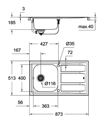 Мойка кухонная из нержавеющей стали с крылом Grohe K400 (31568SD0) 87х51 см, под тумбу 45 см, клапан-автомат, нержавеющая сталь