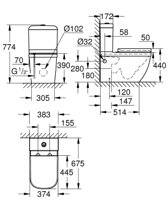 Унитаз напольный безободковый с бачком Grohe Euro Ceramic (39462000) длина 67 см, с сиденьем микролифт