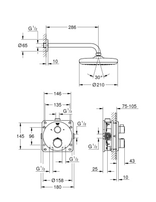 Душевая система встраиваемая Grohe Grohtherm (34726000) с термостатом на 2 выхода, верхний душ Tempesta 210, без душевого набора (приобретается отдельно), хром
