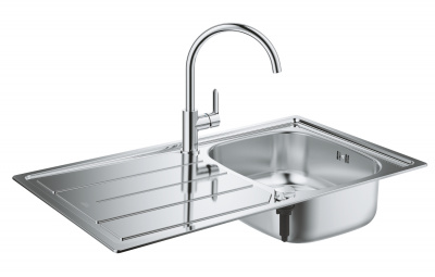 Мойка кухонная из нержавеющей стали с крылом Grohe K200 BauEdge (31562SD0) 86х50 см, под тумбу 45 см, клапан-автомат, нержавеющая сталь
