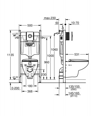 Комплект инсталляции и подвесного безободкового унитаза Grohe Bau Ceramic (39415000) 7 в 1, звукоизоляция, сиденье микролифт, круглая клавиша, хром