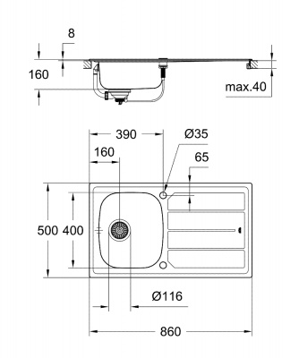 Мойка кухонная из нержавеющей стали с крылом Grohe K200 (31552SD0) 86х50 см, под тумбу 45 см, клапан-автомат, нержавеющая сталь