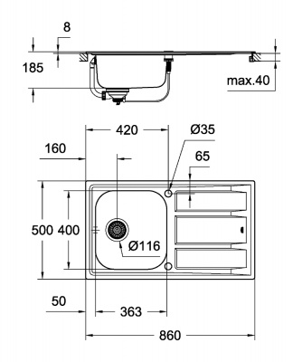 Мойка кухонная из нержавеющей стали с крылом Grohe K400 (31566SD0) 86х50 см, под тумбу 45 см, клапан-автомат, нержавеющая сталь