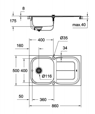 Мойка кухонная из нержавеющей стали Grohe K300 (31563SD0) 86х50 см, под тумбу 45 см, клапан-автомат, нержавеющая сталь