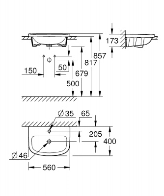 Раковина встраиваемая сверху Grohe Bau Ceramic (39422000) 56х40 см, с 1-м отверстием для смесителя по центру