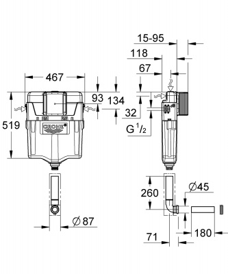Смывной бачок для приставного унитаза Grohe GD2 (38987000) без кнопки смыва
