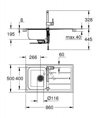 Мойка кухонная из нержавеющей стали с крылом Grohe K500 Minta (31573SD0) 86х50 см, под тумбу 45 см, клапан-автомат, нержавеющая сталь