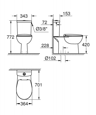 Унитаз напольный с бачком Grohe Bau Ceramic (39558000) длина 70 см, вертикальный выпуск, с сиденьем