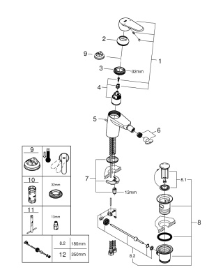 Смеситель Grohe Eurodisc Cosmopolitan (33244002) для биде, сливной гарнитур