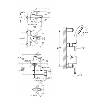 Комплект смесителей для ванной Grohe Eurostyle new (124416) 3 в 1, (для раковины 33558003, для ванны 33558003, гарнитур 27926000) хром