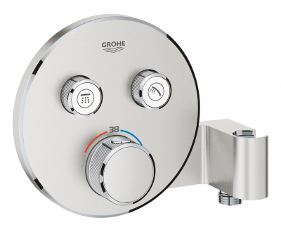Смеситель-термостат Grohe Grohtherm SmartControl (29120DC0) на 2 источника, встраиваемый, круглая розетка, с держателем лейки, необходим Rapido SmartBox 35600, суперсталь