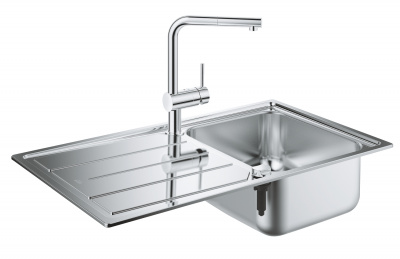 Мойка кухонная из нержавеющей стали с крылом Grohe K500 Minta (31573SD0) 86х50 см, под тумбу 45 см, клапан-автомат, нержавеющая сталь